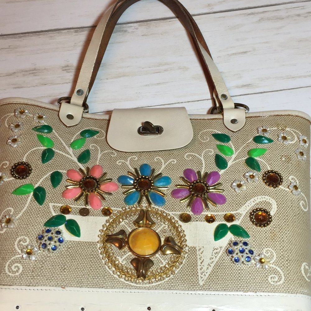 CLOSET CLOSING SALE! Vintage Enid Collins Flower Cart Wood Leather Bag Collector